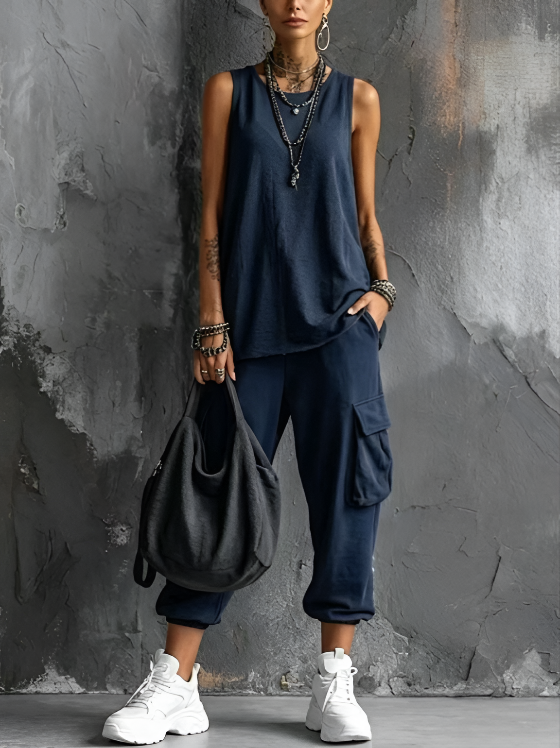 Ensemble femme décontracté avec top sans manches et pantalon cargo