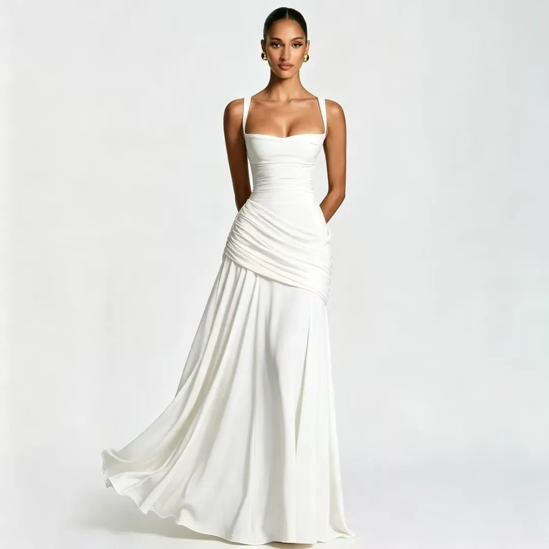 Robe maxi femme col carré froncé avec laçage au dos