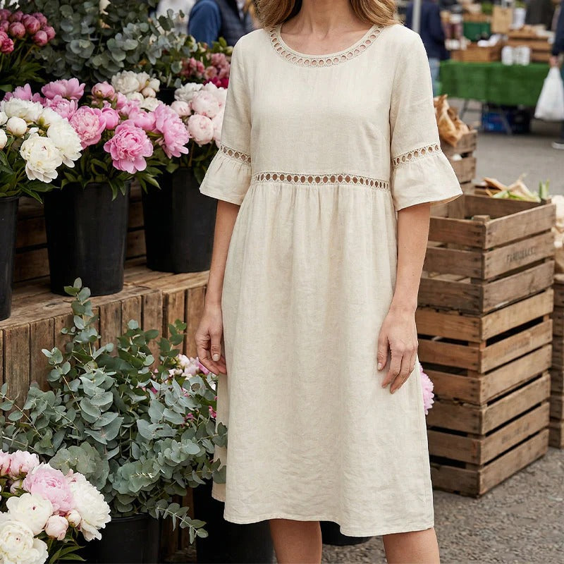 Robe Femme Mi-Longue Lin Col Rond Ajouré Manches Volants Coupe Empire