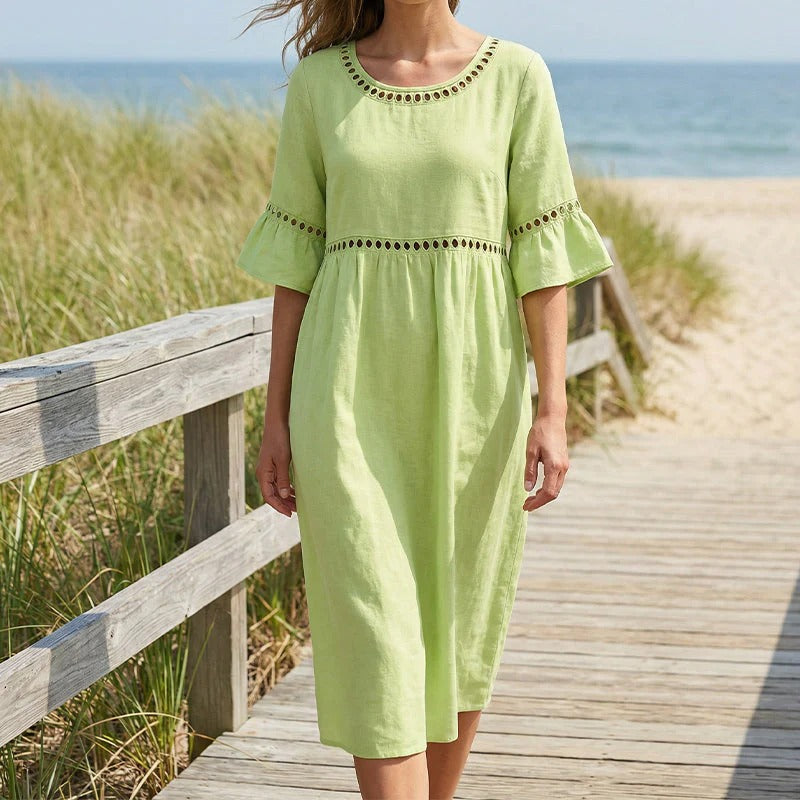 Robe Femme Mi-Longue Lin Col Rond Ajouré Manches Volants Coupe Empire