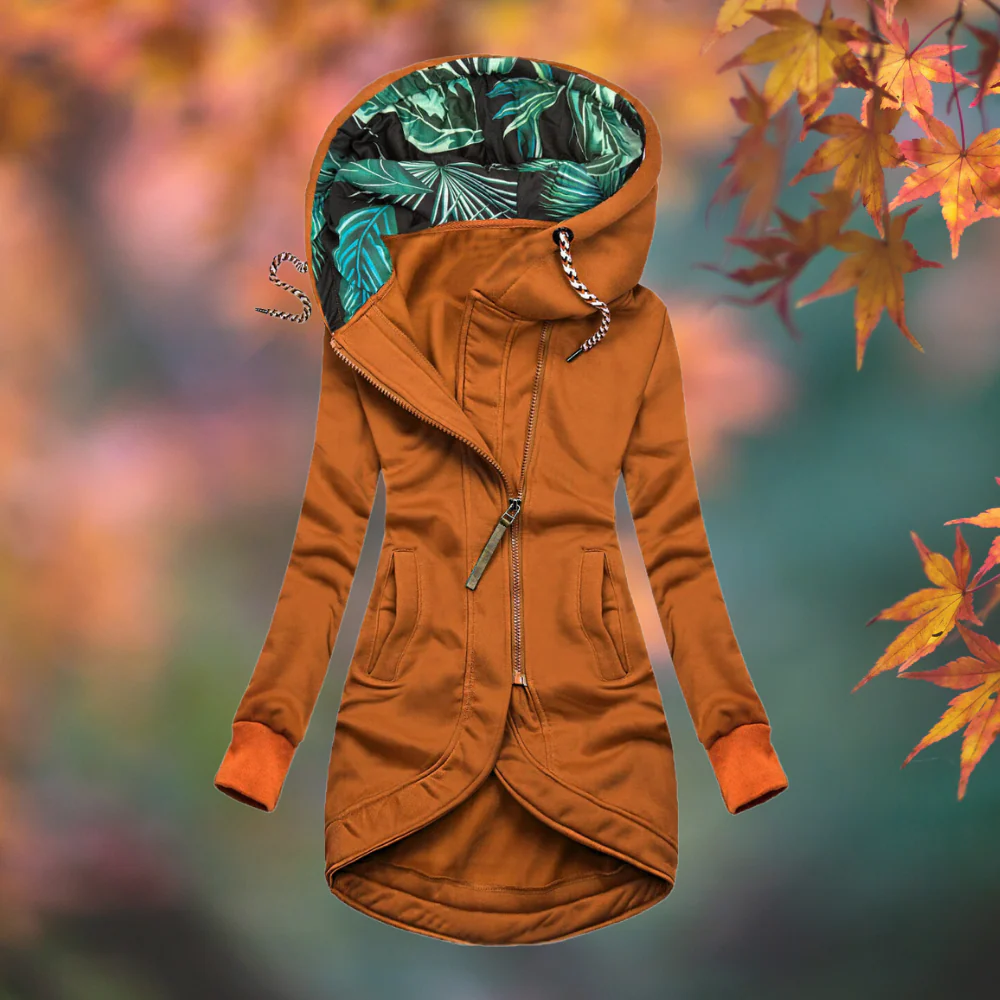 Veste femme longue à capuche avec fermeture zippée