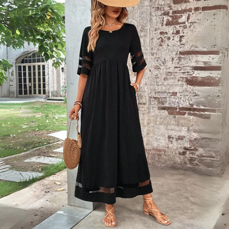 Robe longue femme fluide avec détails transparents