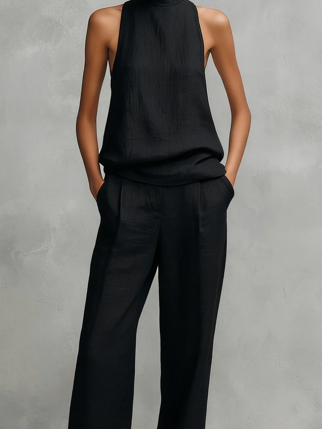Ensemble femme en coton et lin avec col montant et pantalon fluide