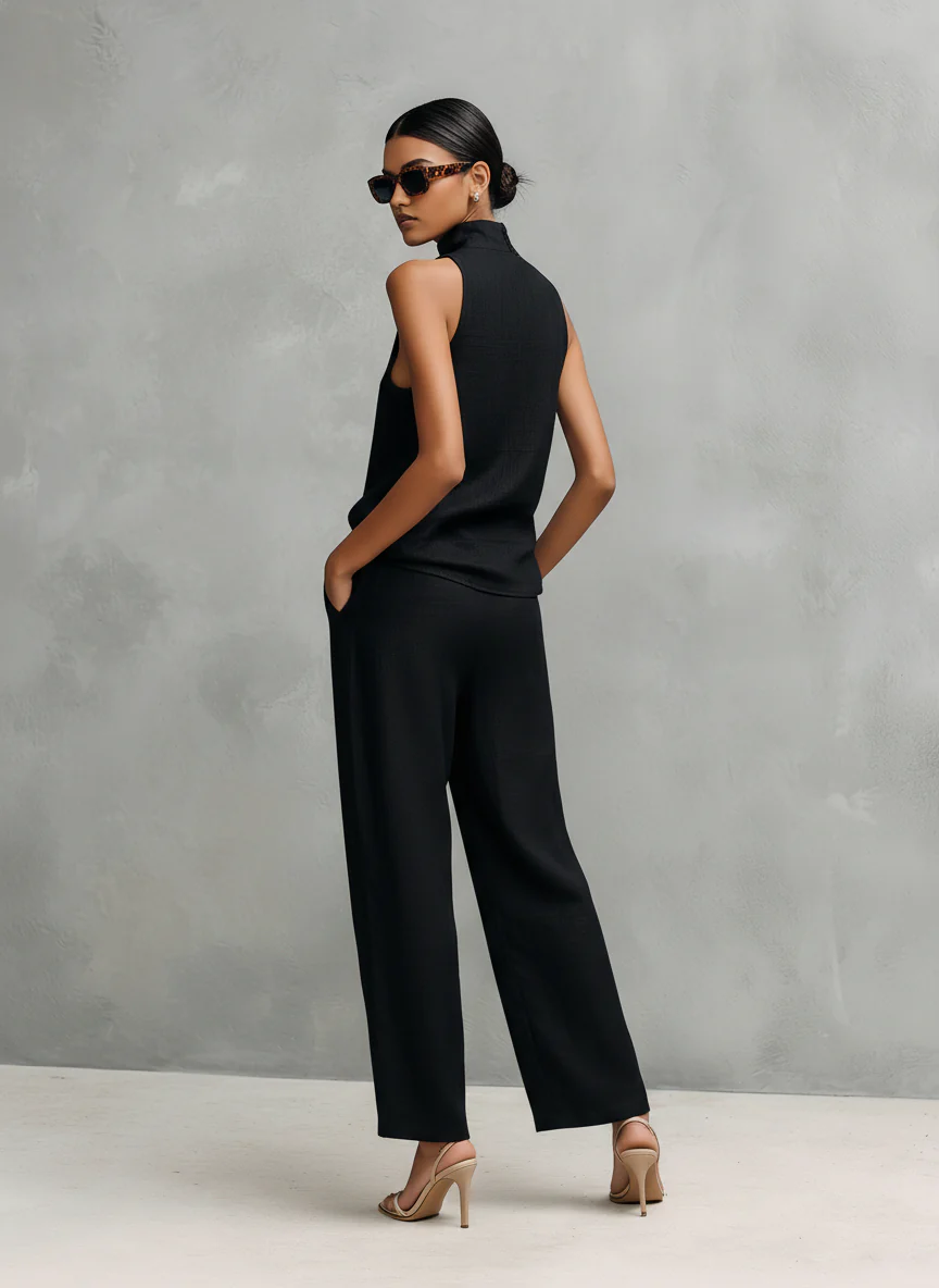 Ensemble femme en coton et lin avec col montant et pantalon fluide
