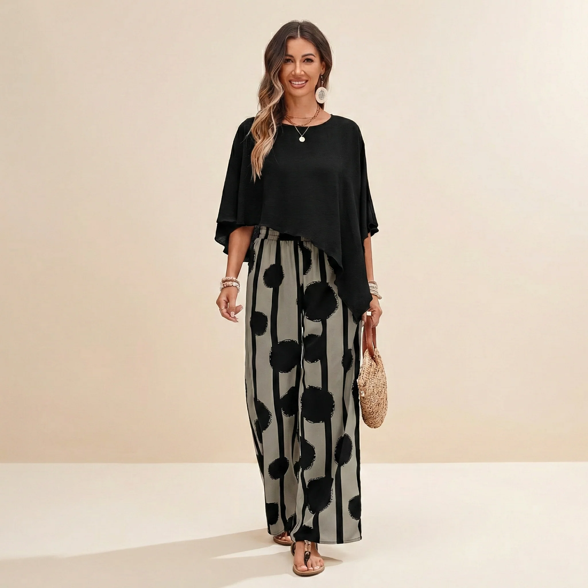 Ensemble Femme Élégant Deux Pièces Imprimé Moderne Coupe Fluide