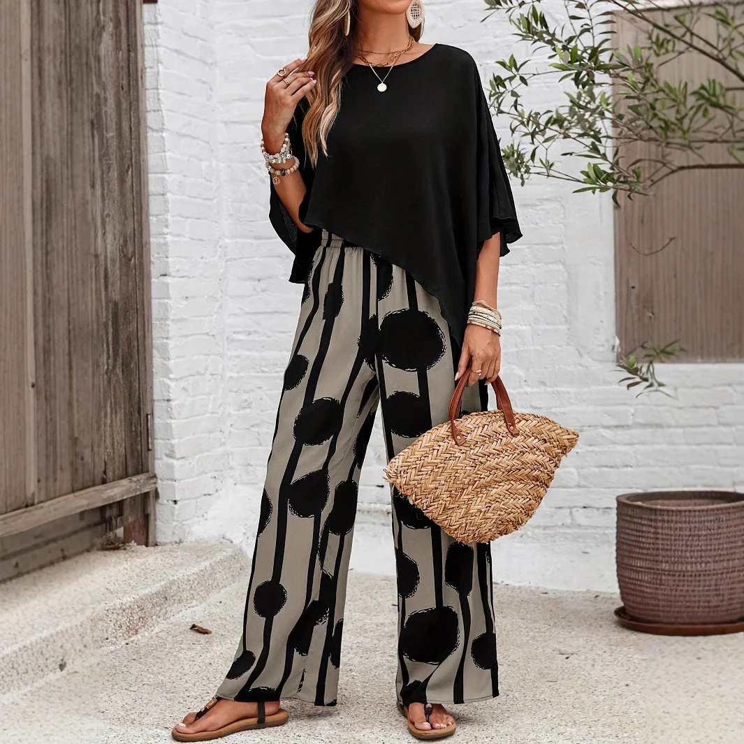 Ensemble Femme Élégant Deux Pièces Imprimé Moderne Coupe Fluide