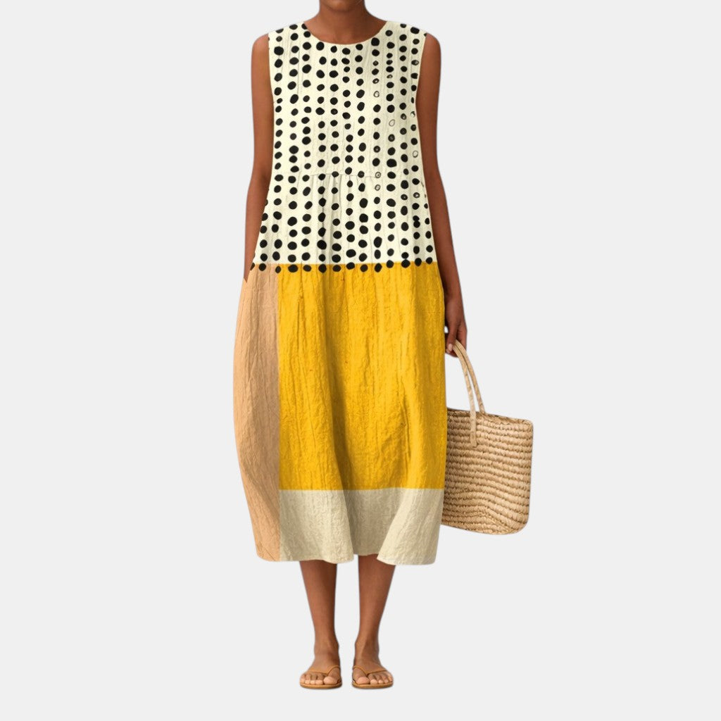 Robe midi femme sans manches à pois et blocs colorés
