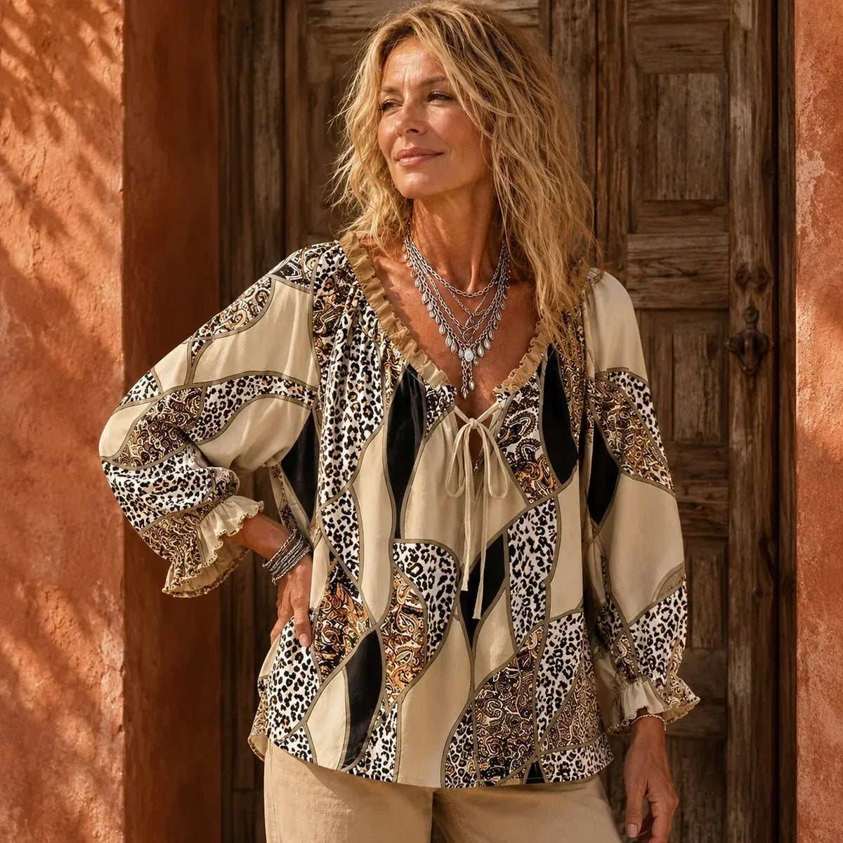 Blouse femme patchwork bohème à col V noué