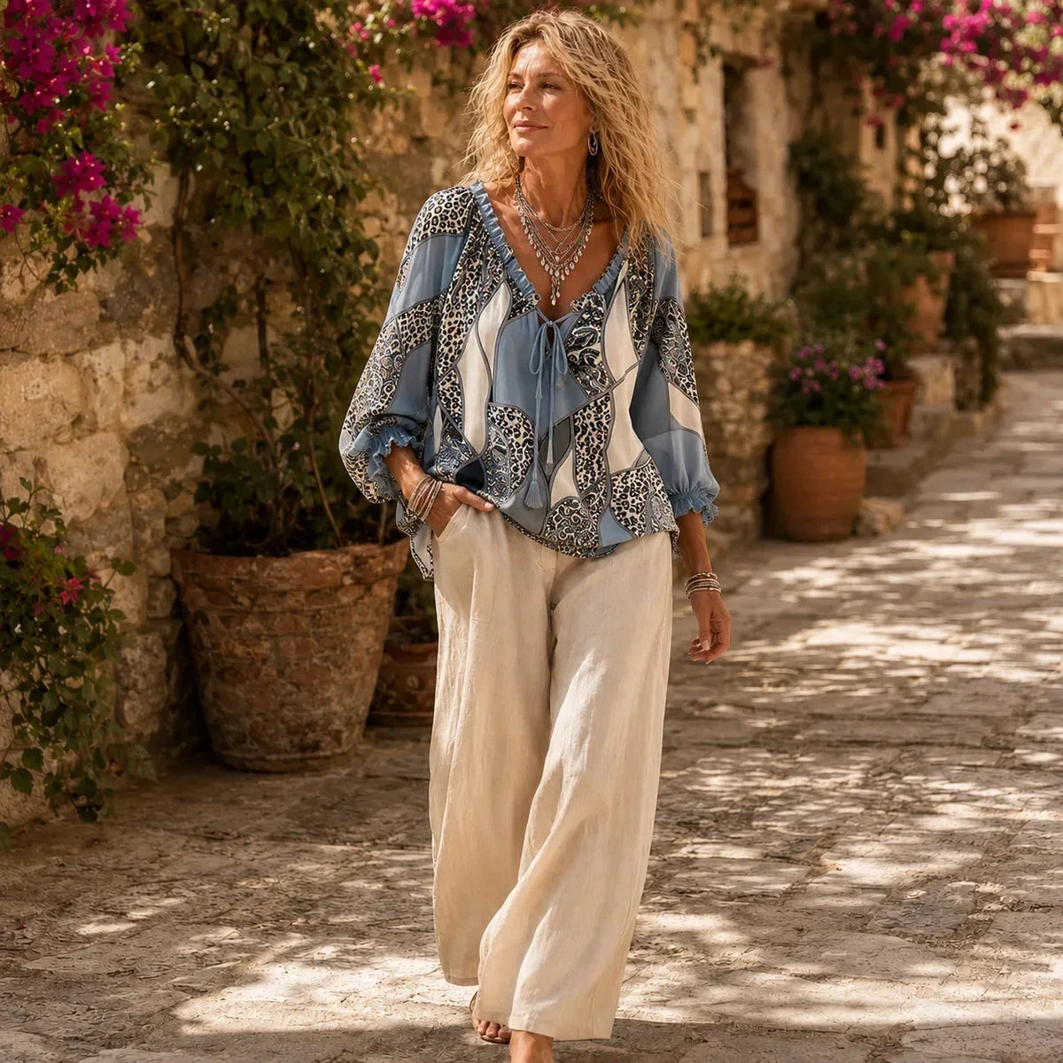 Blouse femme patchwork bohème à col V noué