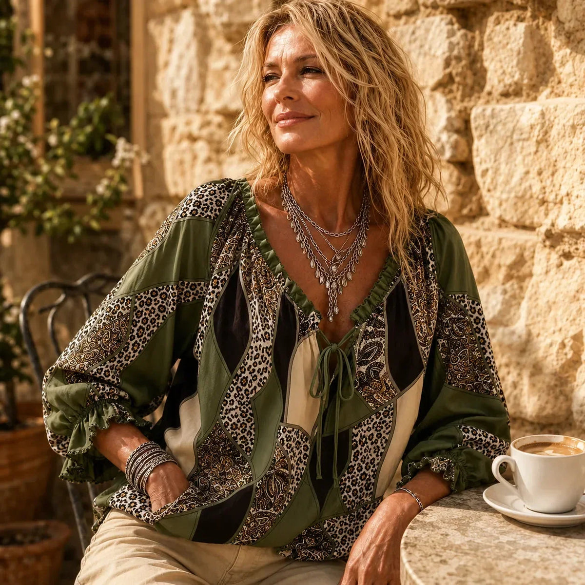 Blouse femme patchwork bohème à col V noué