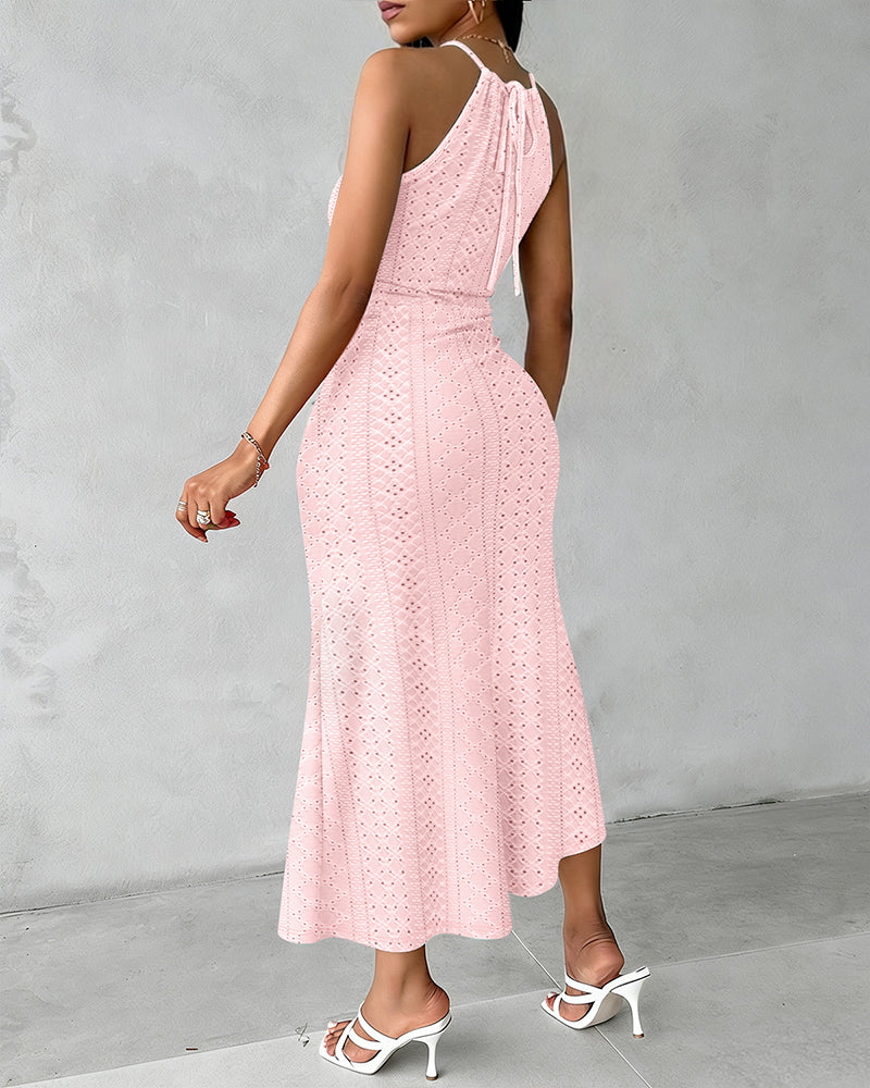 Robe Midi Femme Jacquard Ajouré Halter avec Fente Chic