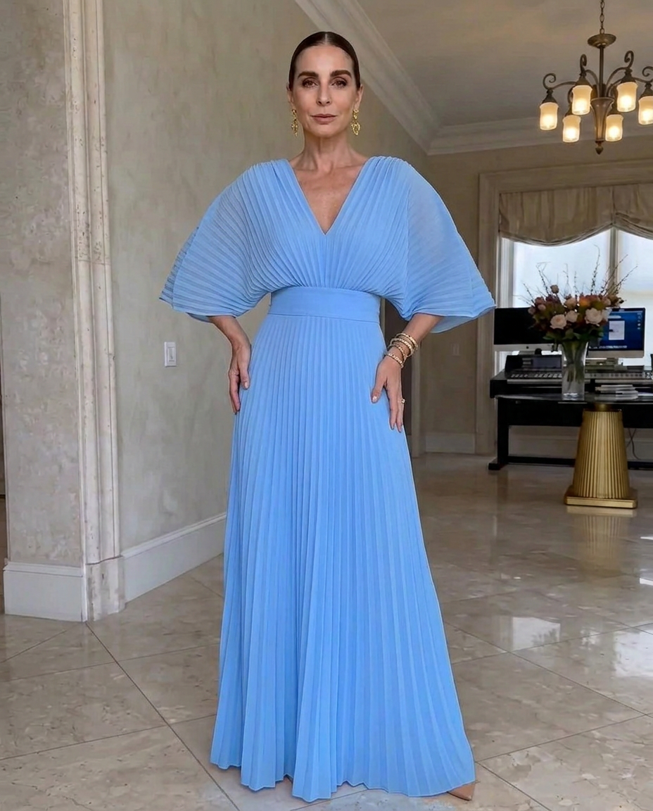 Robe Maxi Plissée Élégante avec Décolleté en V