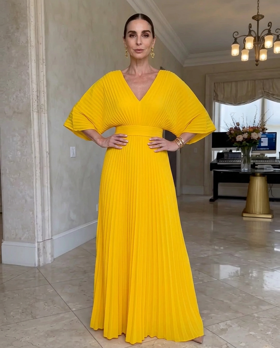 Robe Maxi Plissée Élégante avec Décolleté en V