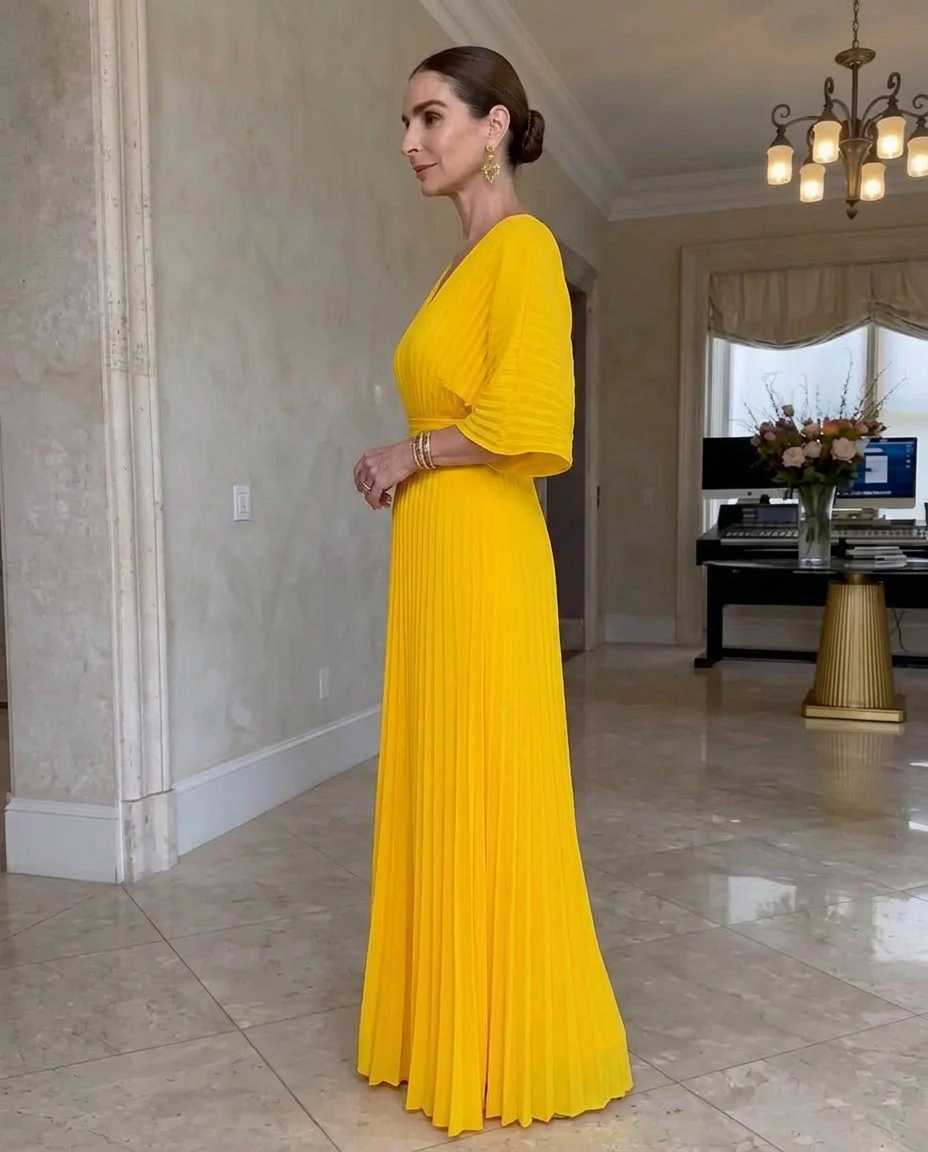 Robe Maxi Plissée Élégante avec Décolleté en V