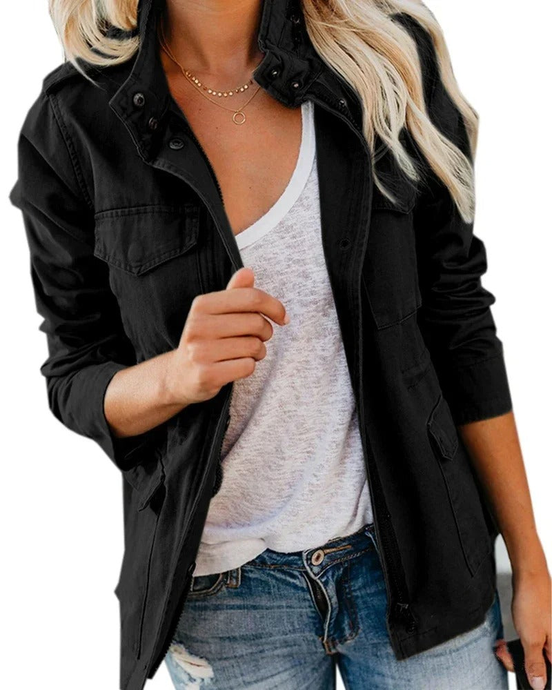 Veste utilitaire femme mi-saison col montant avec poches style casual