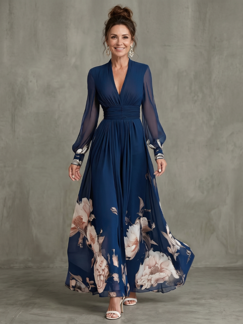 Robe maxi femme à manches transparentes avec ourlet floral