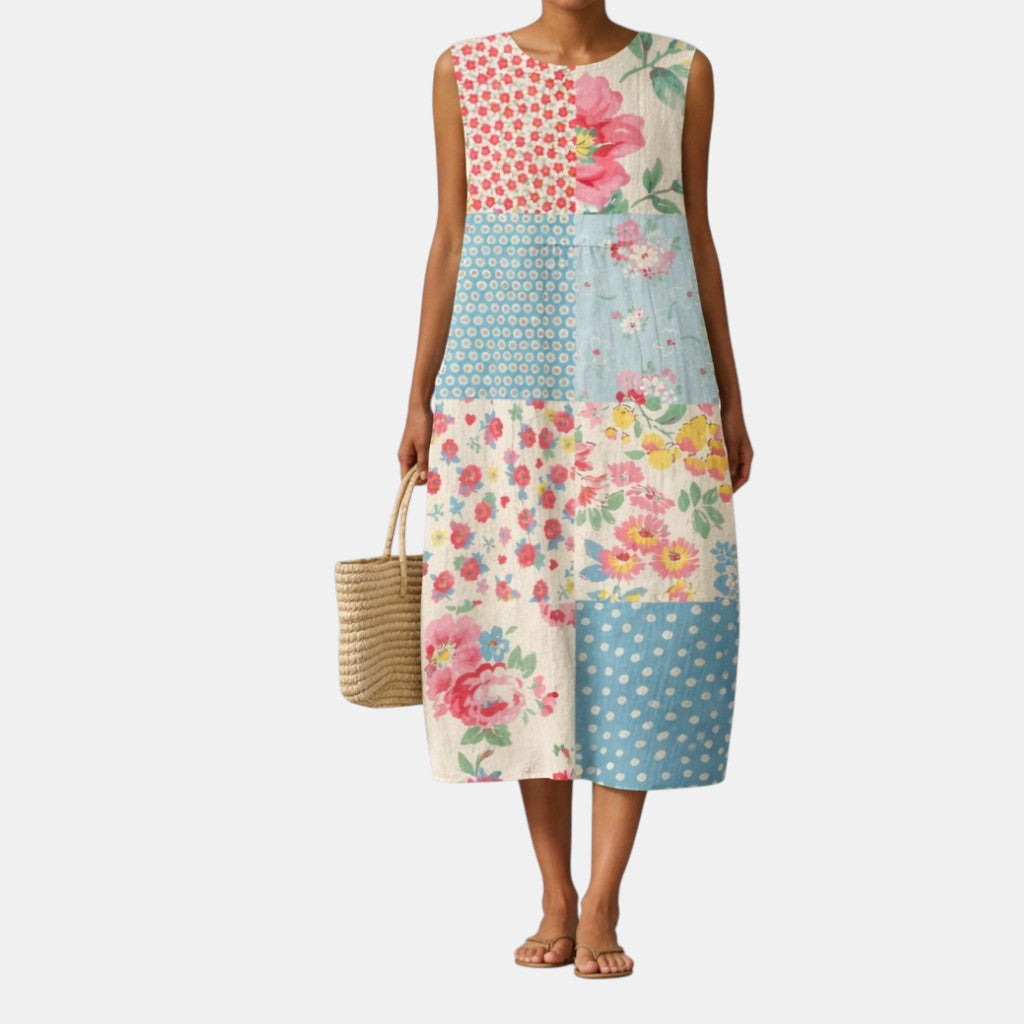 Robe midi femme patchwork fleuri sans manches en coton viscose