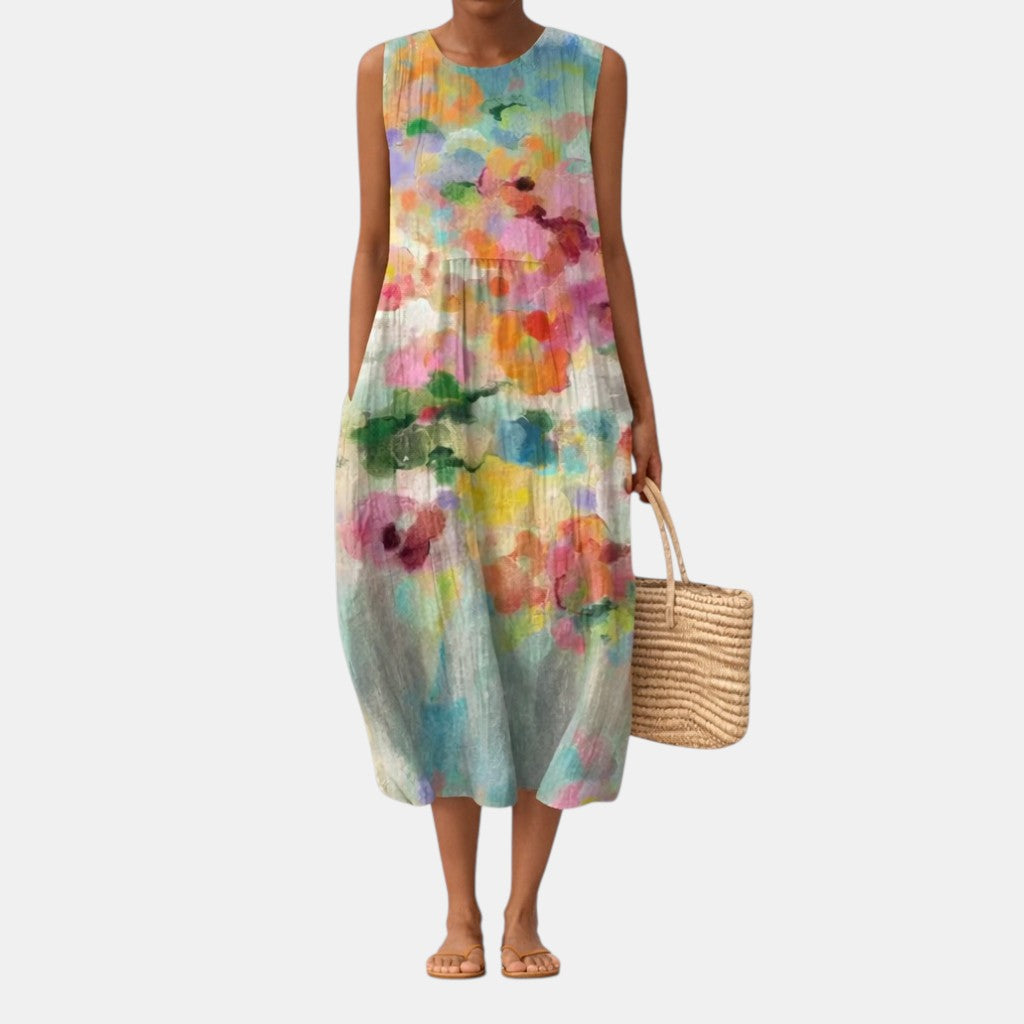 Robe midi femme fleurie multicolore sans manches en coton viscose