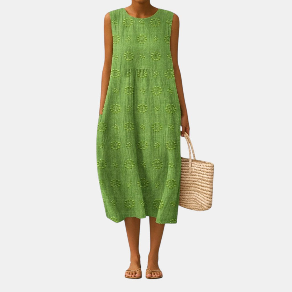 Robe midi femme verte brodée sans manches en coton viscose