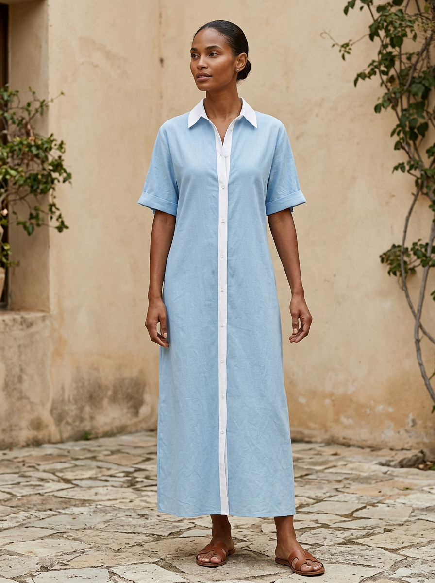 Robe chemise midi pour femmes en noir avec des boutons contrastants