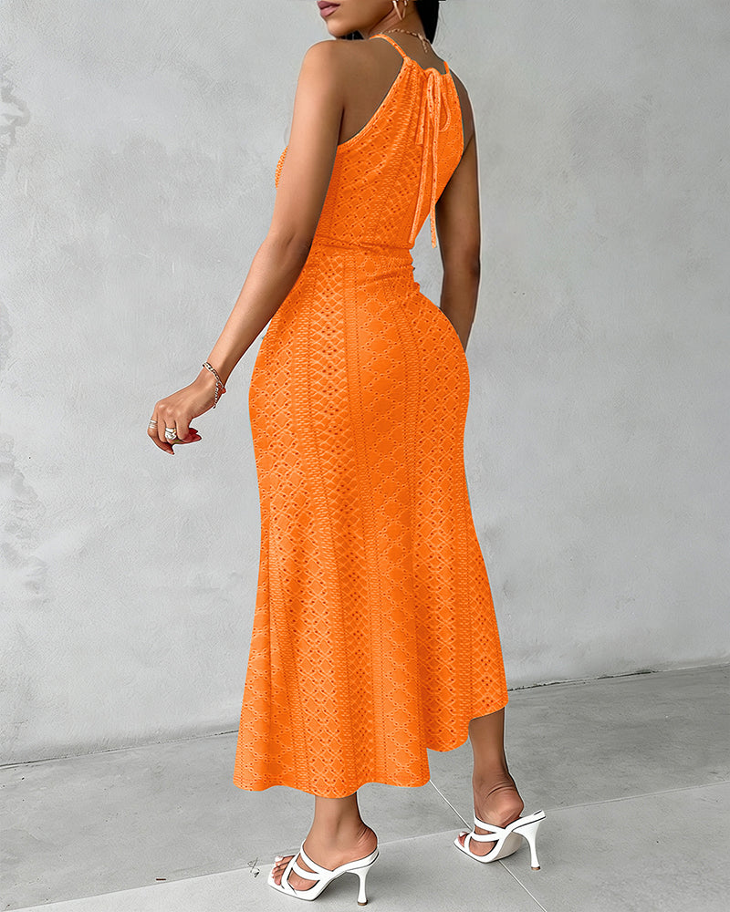 Robe Midi Femme Jacquard Ajouré Halter avec Fente Chic
