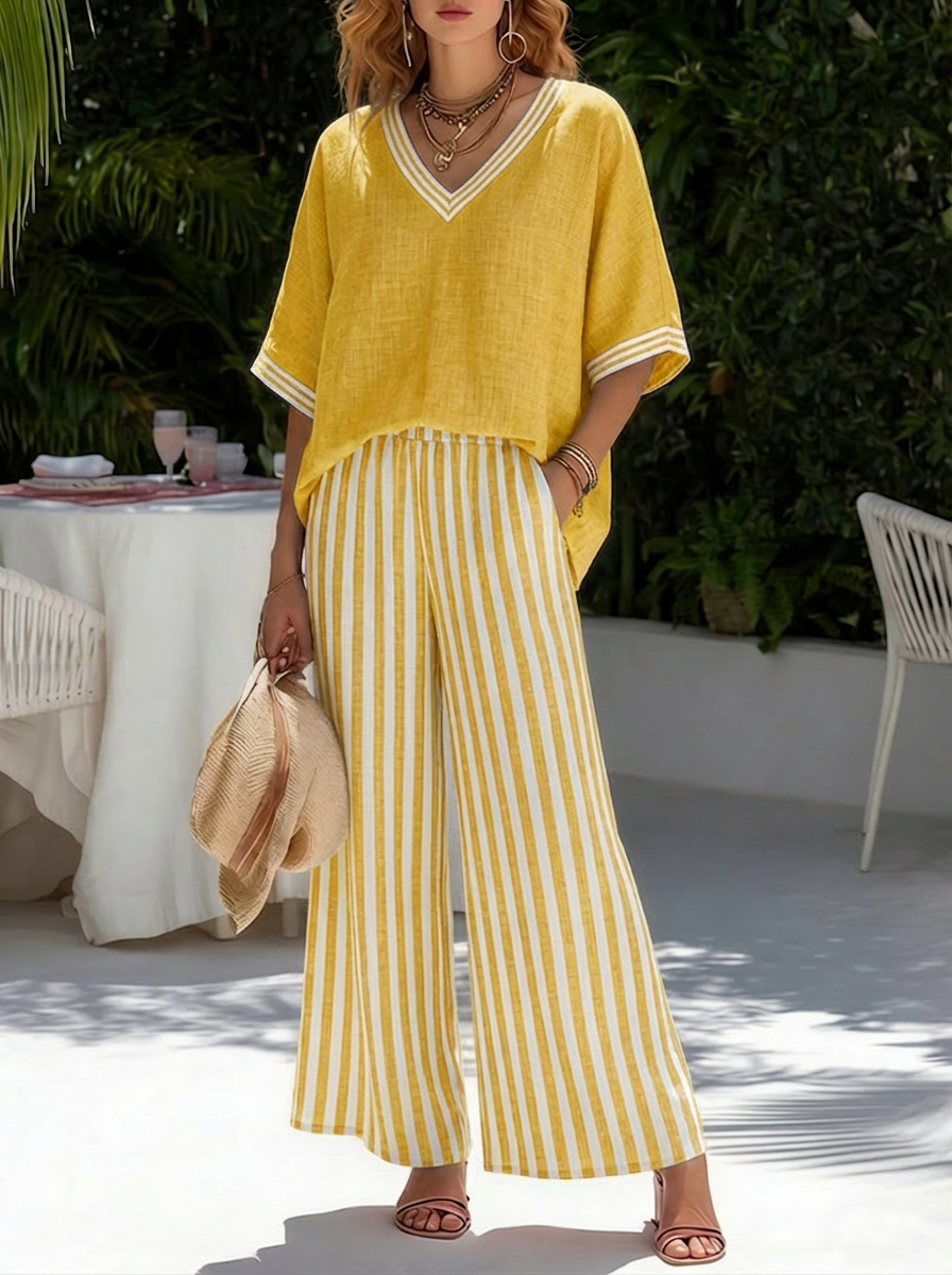 Ensemble Femme Rayé Lin Coton Coupe Ample Élégant Décontracté