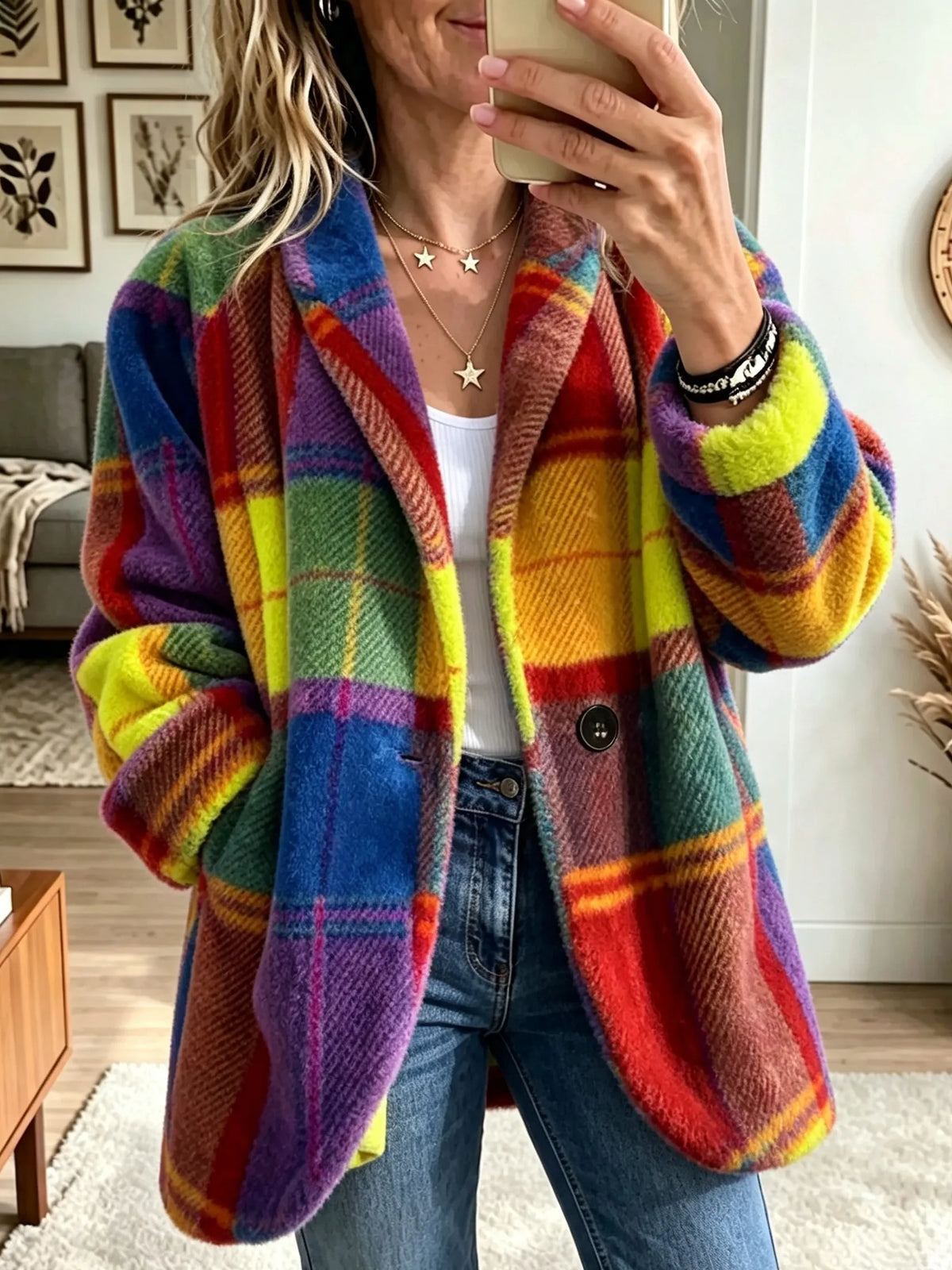 Manteau femme à carreaux colorés coupe ample