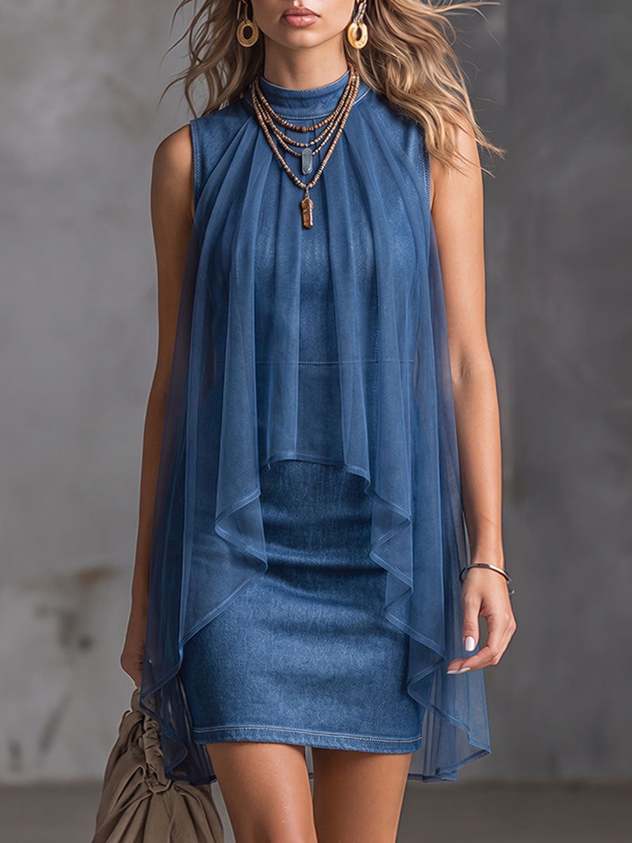 Robe courte femme effet denim avec voile fluide transparent