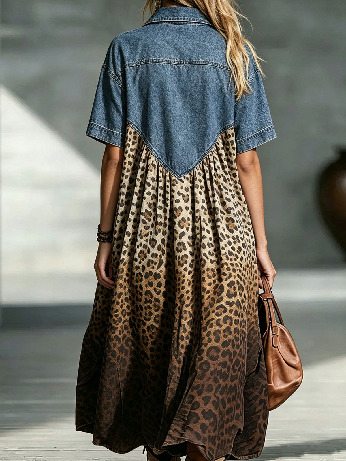 Robe longue femme patchwork denim et imprimé léopard
