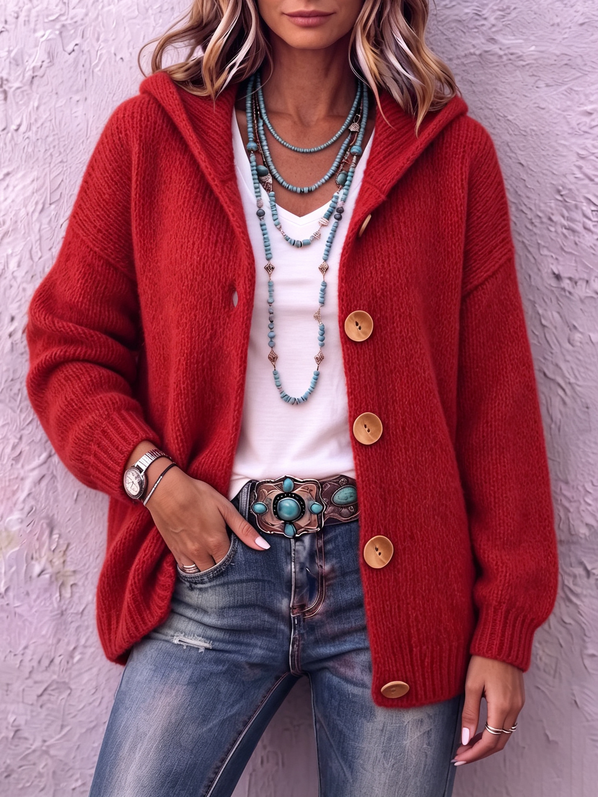 Cardigan femme en maille à capuche boutonné