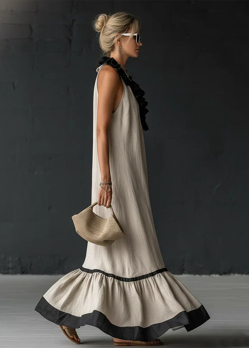 Robe longue femme fluide à volants contrastés