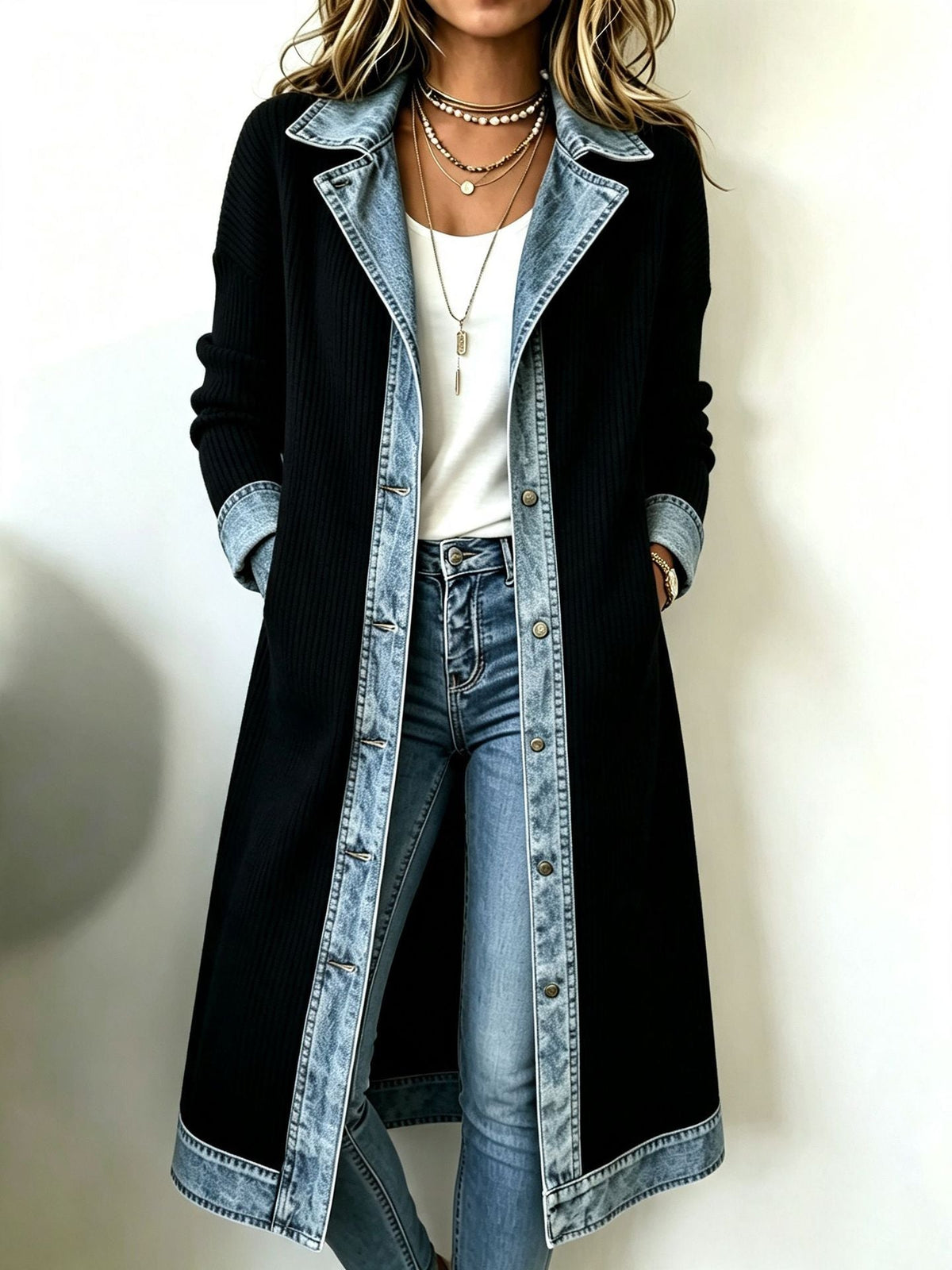 Cardigan long femme en maille côtelée avec finitions denim