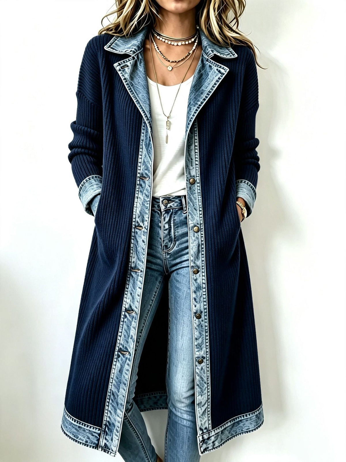 Cardigan long femme en maille côtelée avec finitions denim