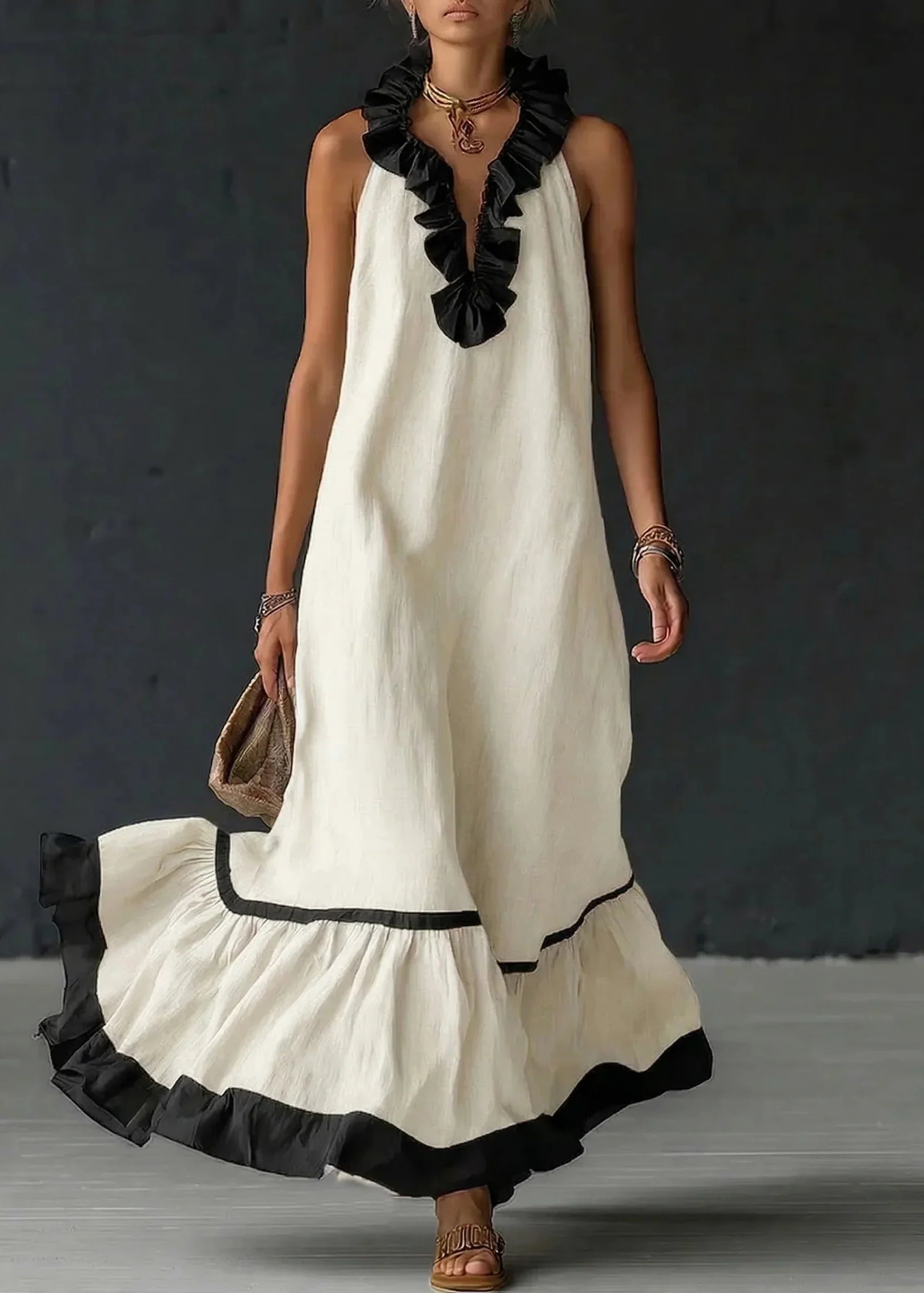 Robe longue femme fluide à volants contrastés