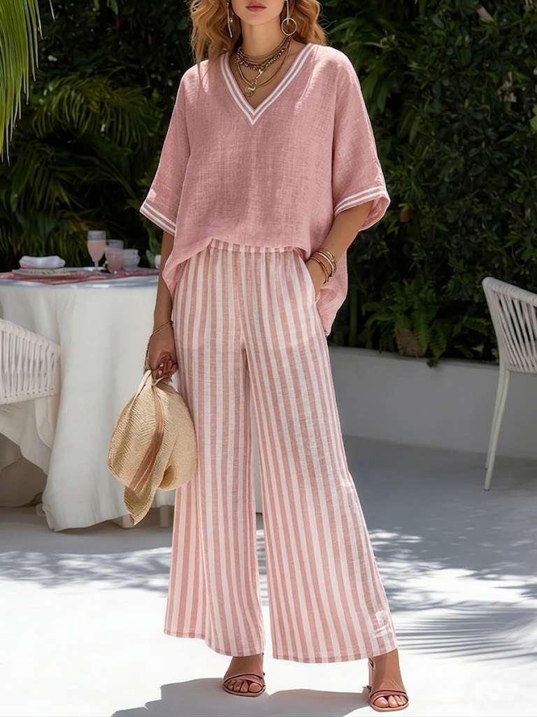 Ensemble Femme Rayé Lin Coton Coupe Ample Élégant Décontracté