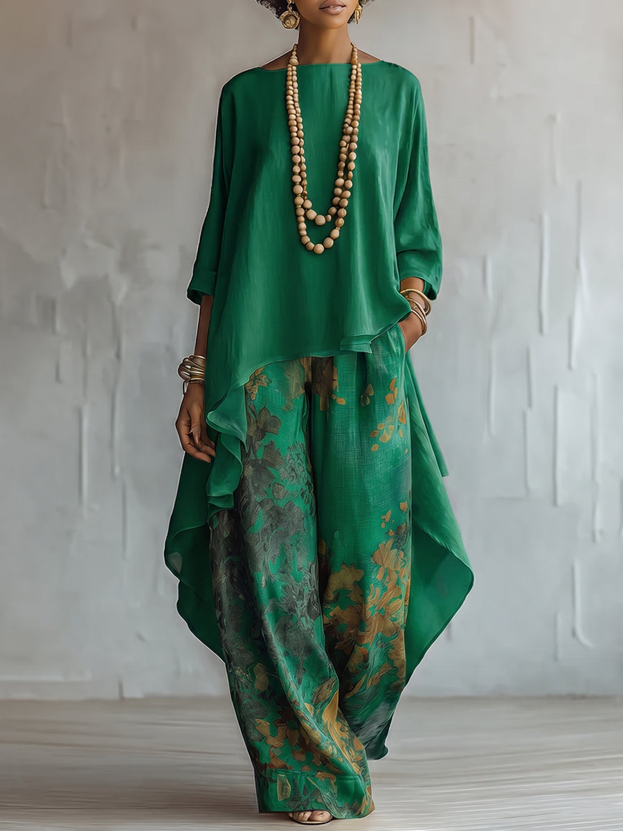 Ensemble femme fluide bohème avec haut asymétrique et pantalon floral