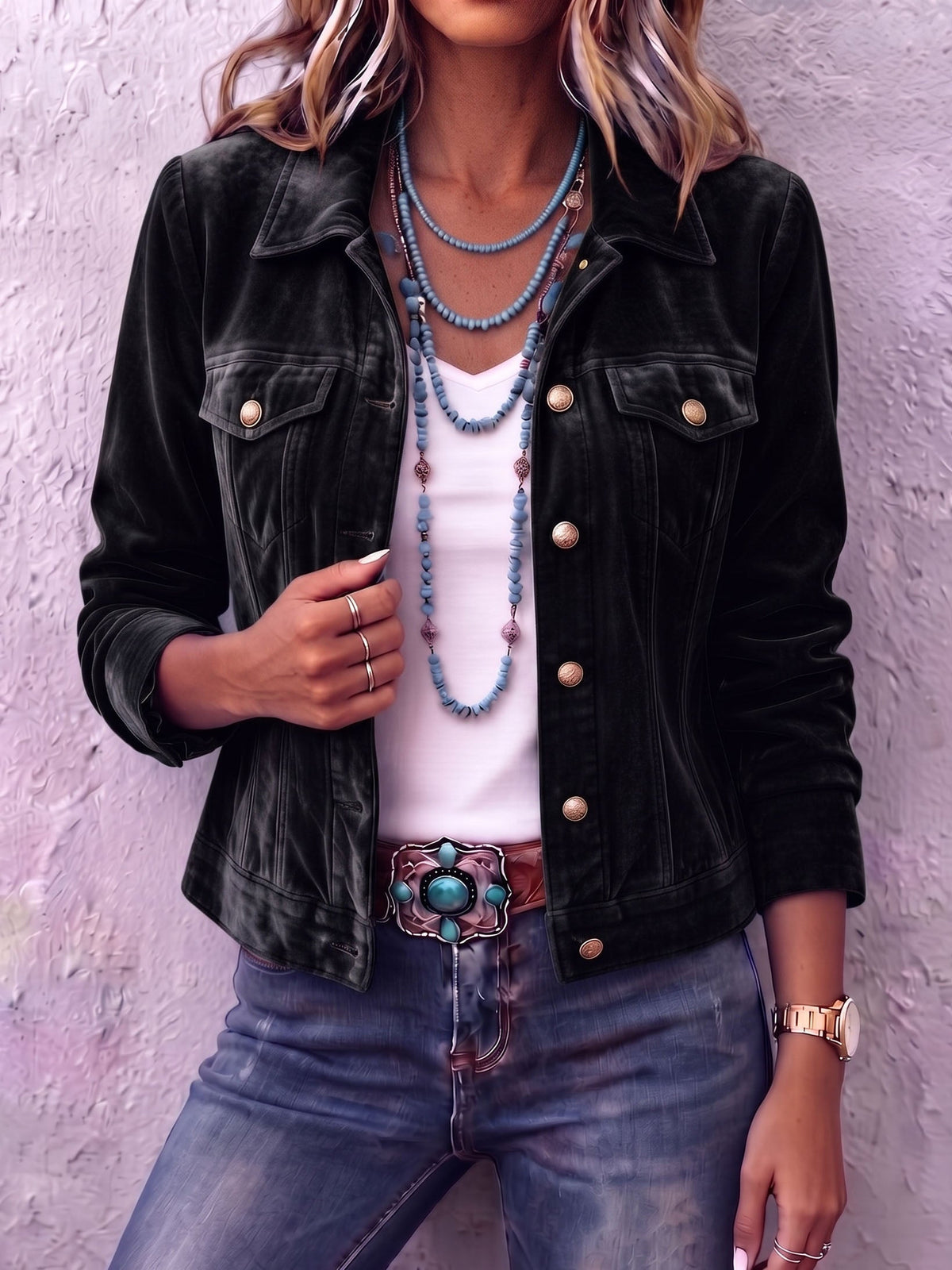Veste femme en velours à boutons et col tailleur