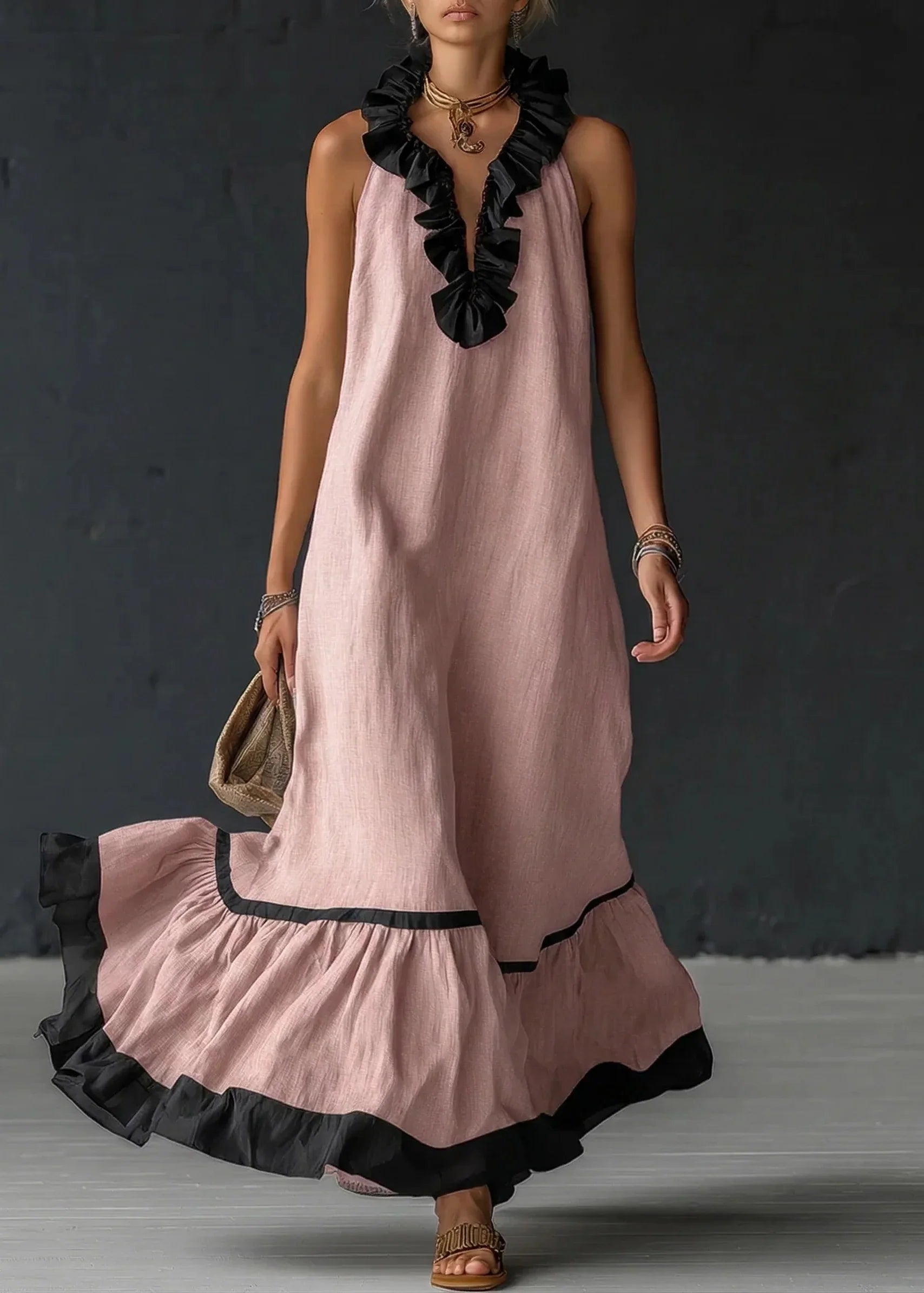 Robe longue femme fluide à volants contrastés