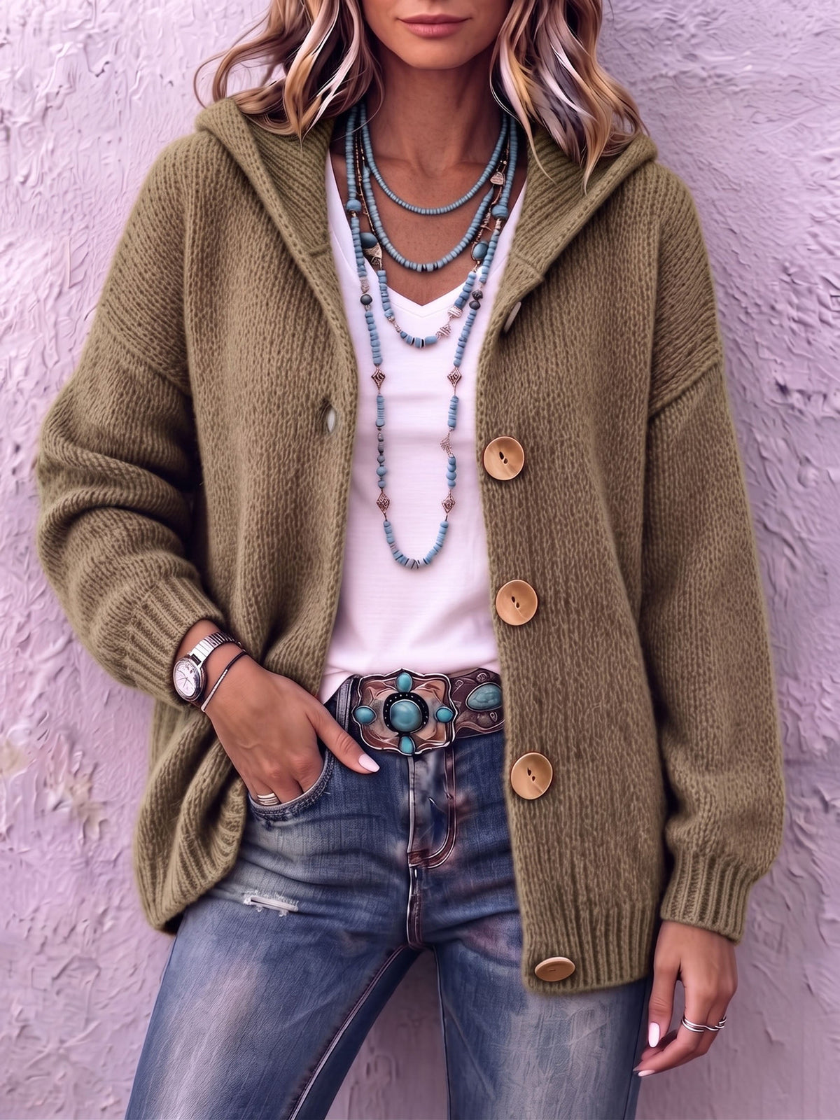 Cardigan femme en maille à capuche boutonné