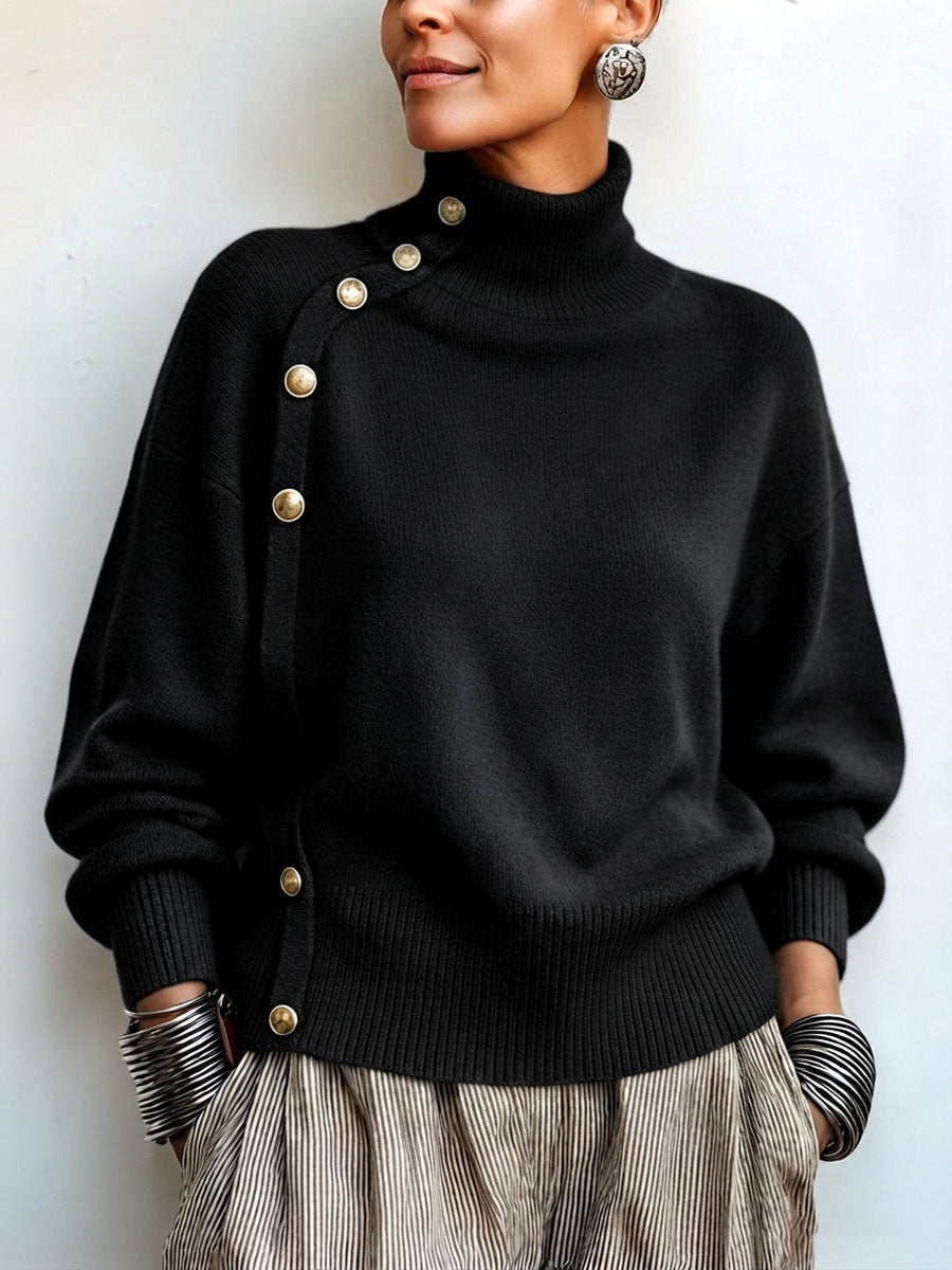 Pull femme à col roulé asymétrique boutonné élégant