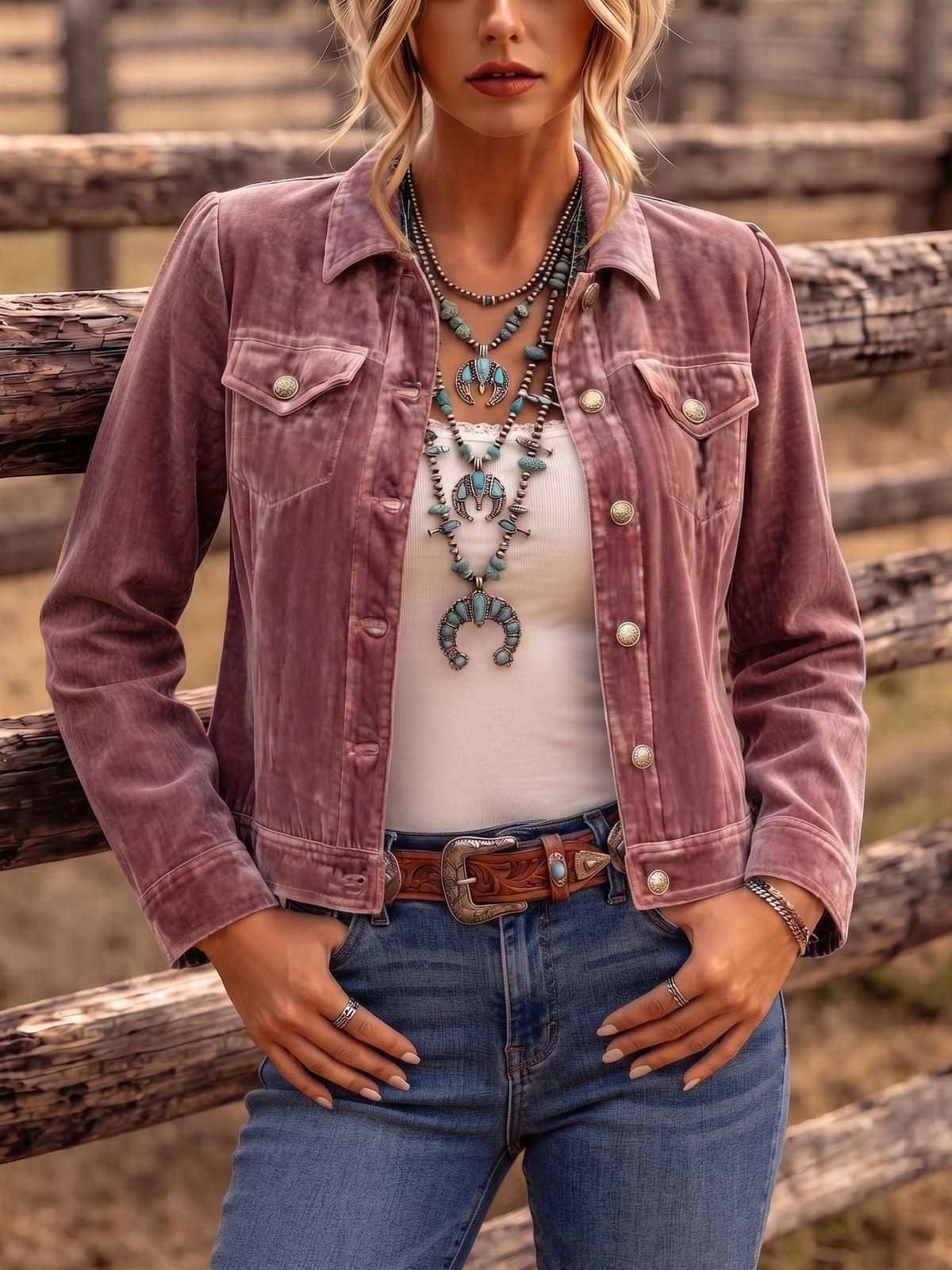 Veste femme en velours à boutons et col tailleur