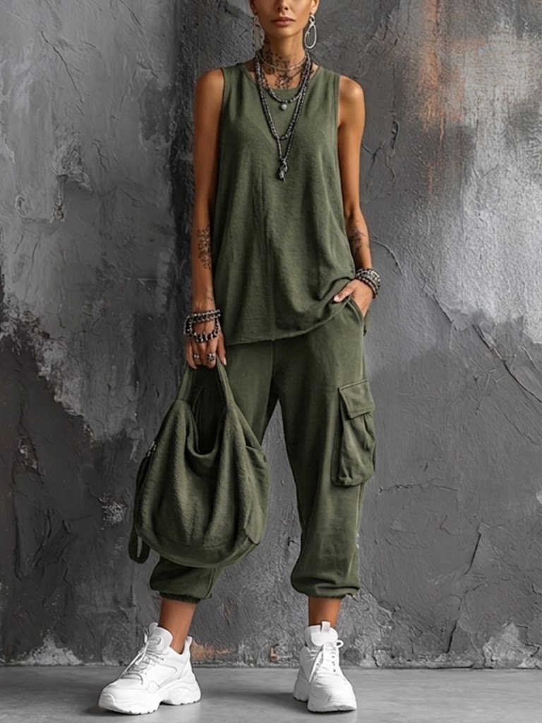 Ensemble femme décontracté avec top sans manches et pantalon cargo