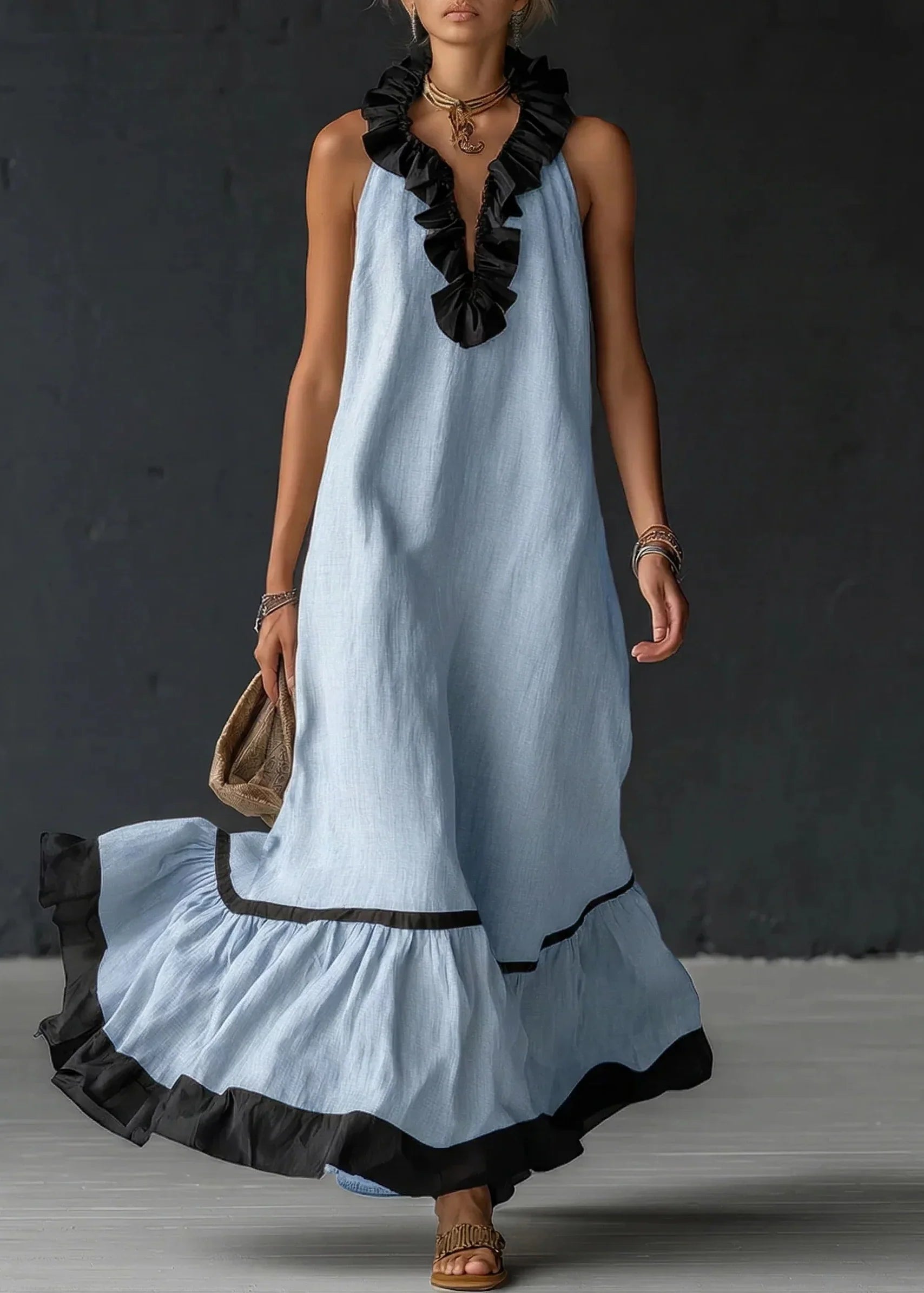 Robe longue femme fluide à volants contrastés