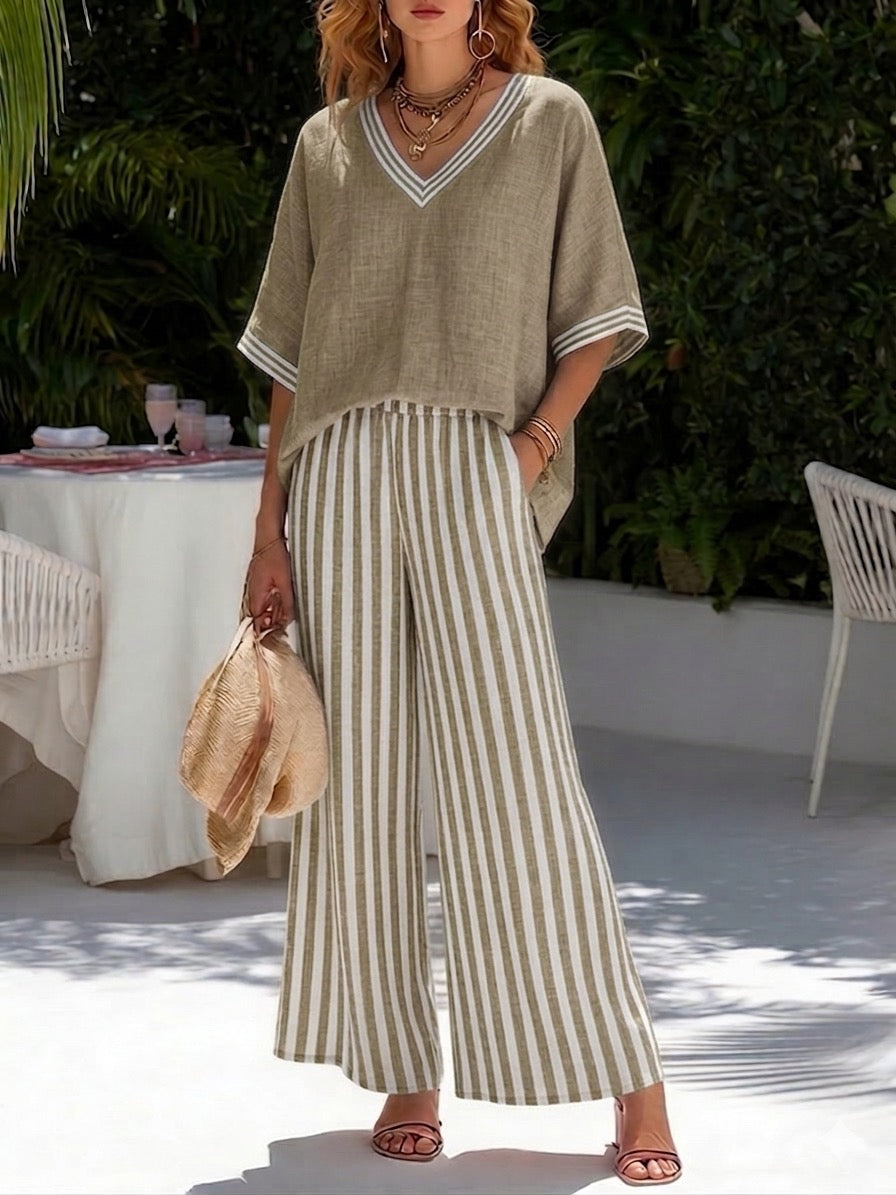 Ensemble Femme Rayé Lin Coton Coupe Ample Élégant Décontracté