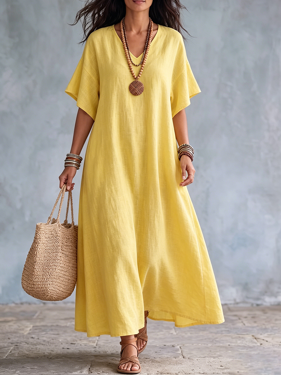Robe longue femme coton lin à col V et coupe ample