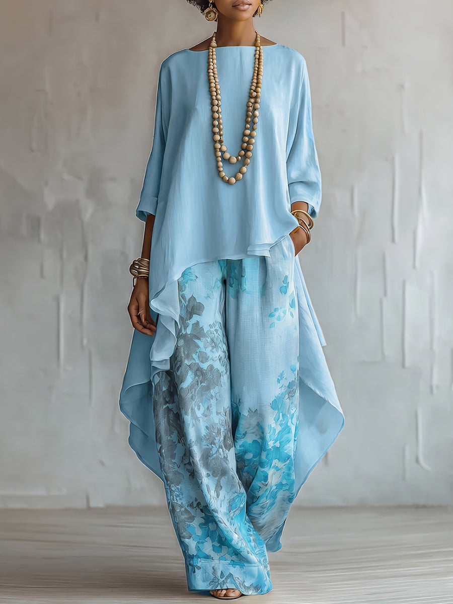 Ensemble femme fluide bohème avec haut asymétrique et pantalon floral