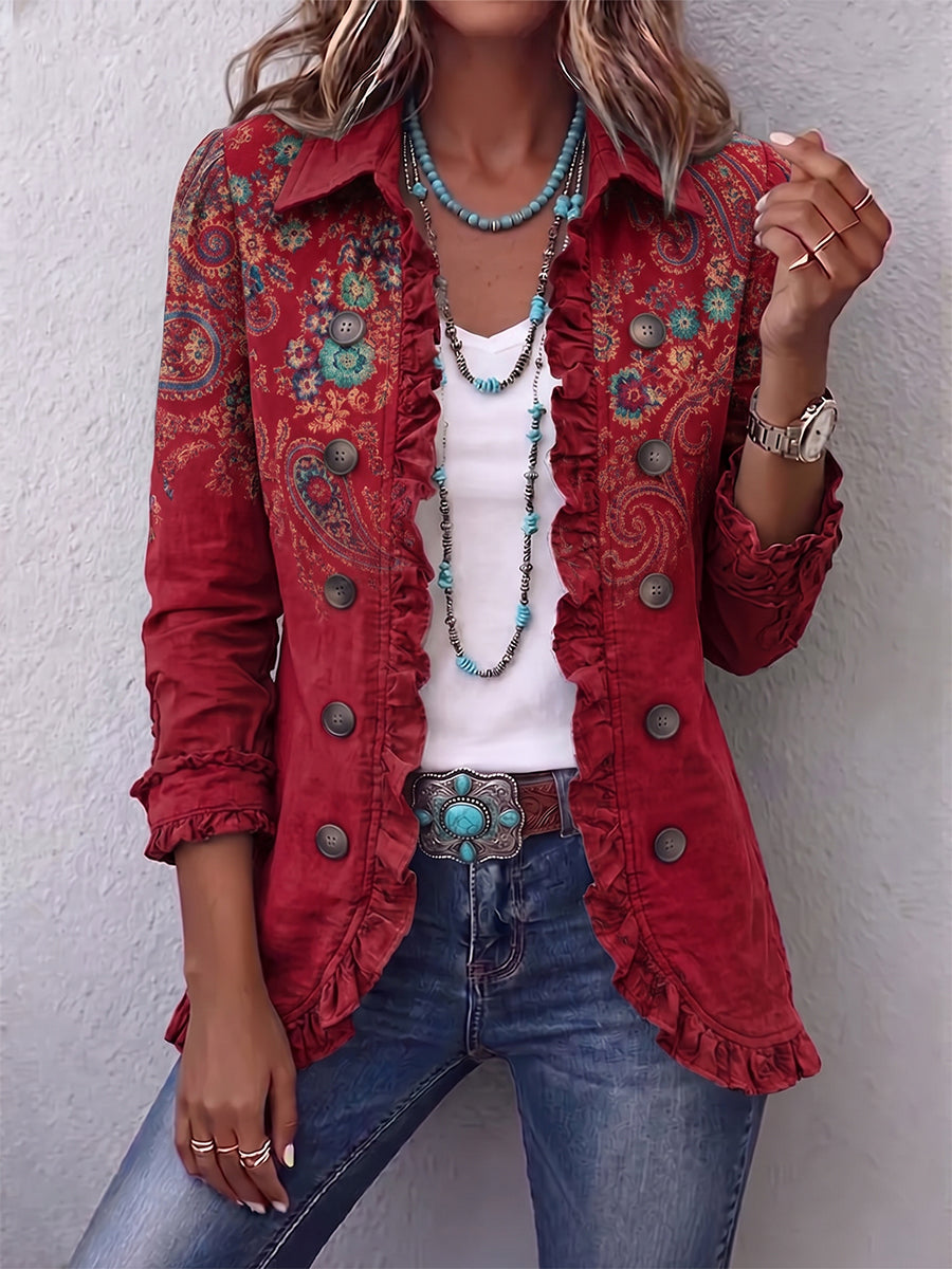 Veste femme bohème à imprimé paisley et volants