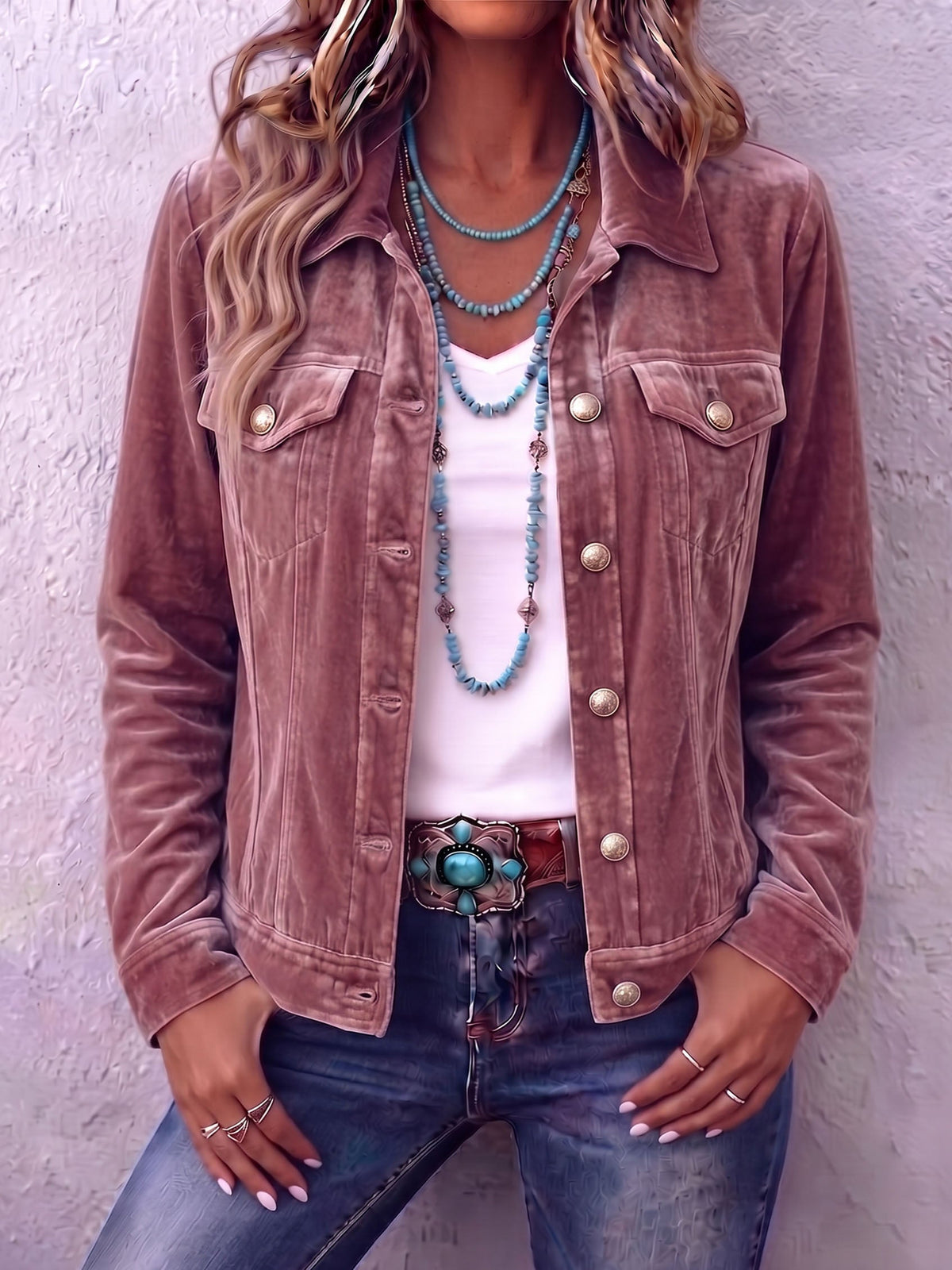 Veste femme en velours à boutons et col tailleur