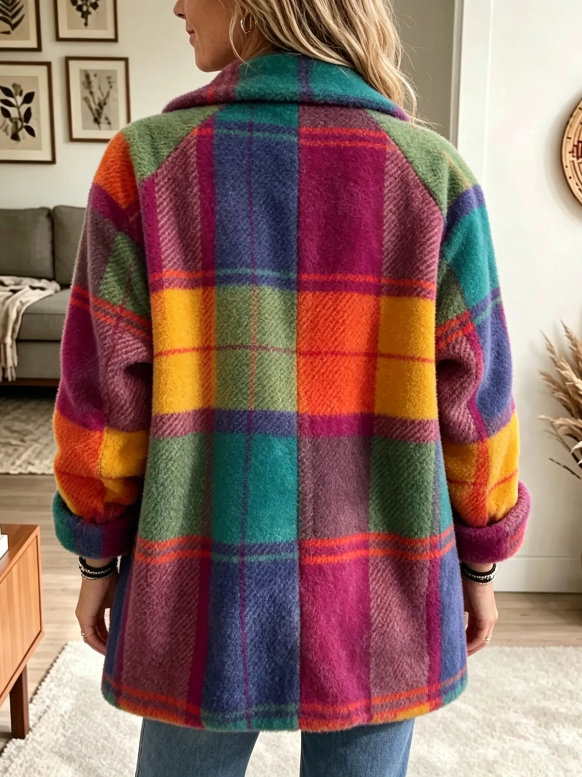 Manteau femme à carreaux colorés coupe ample