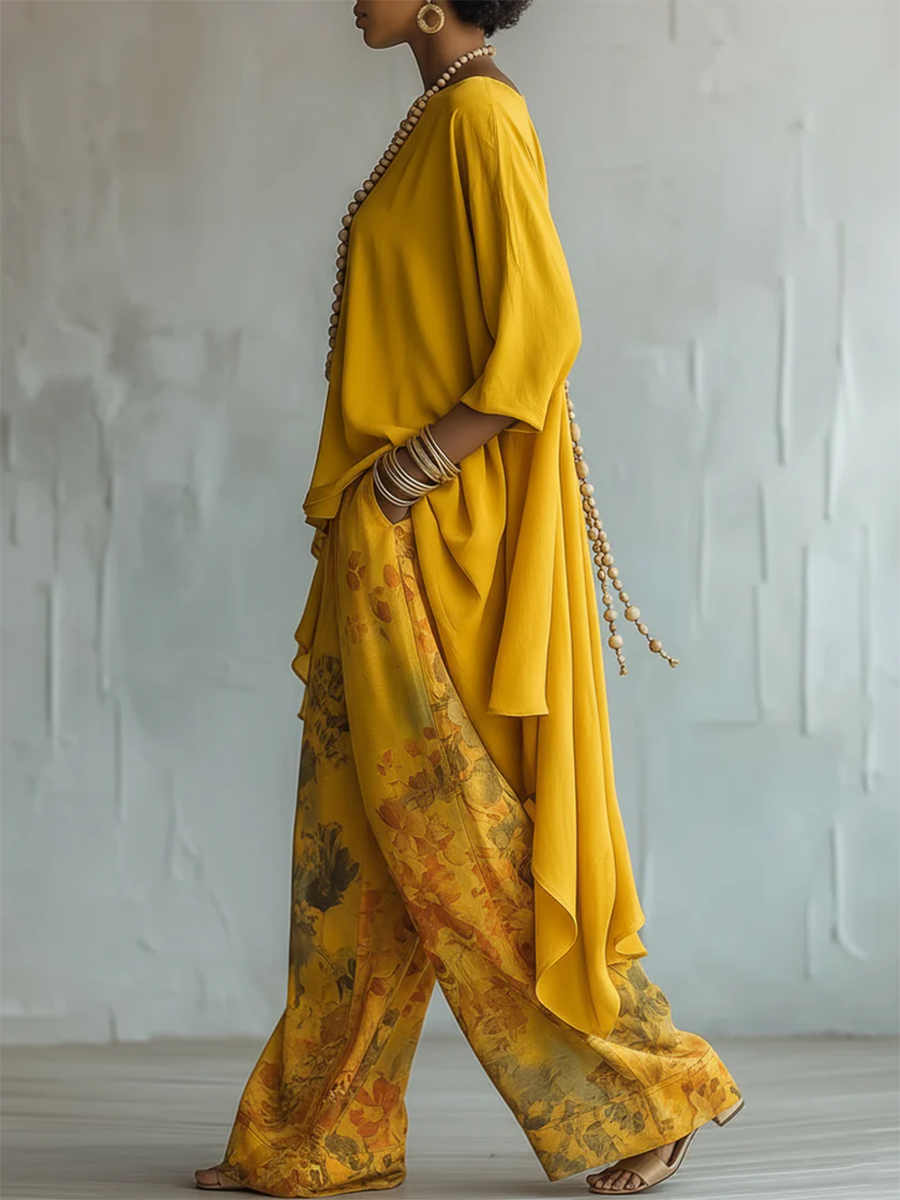Ensemble femme fluide bohème avec haut asymétrique et pantalon floral